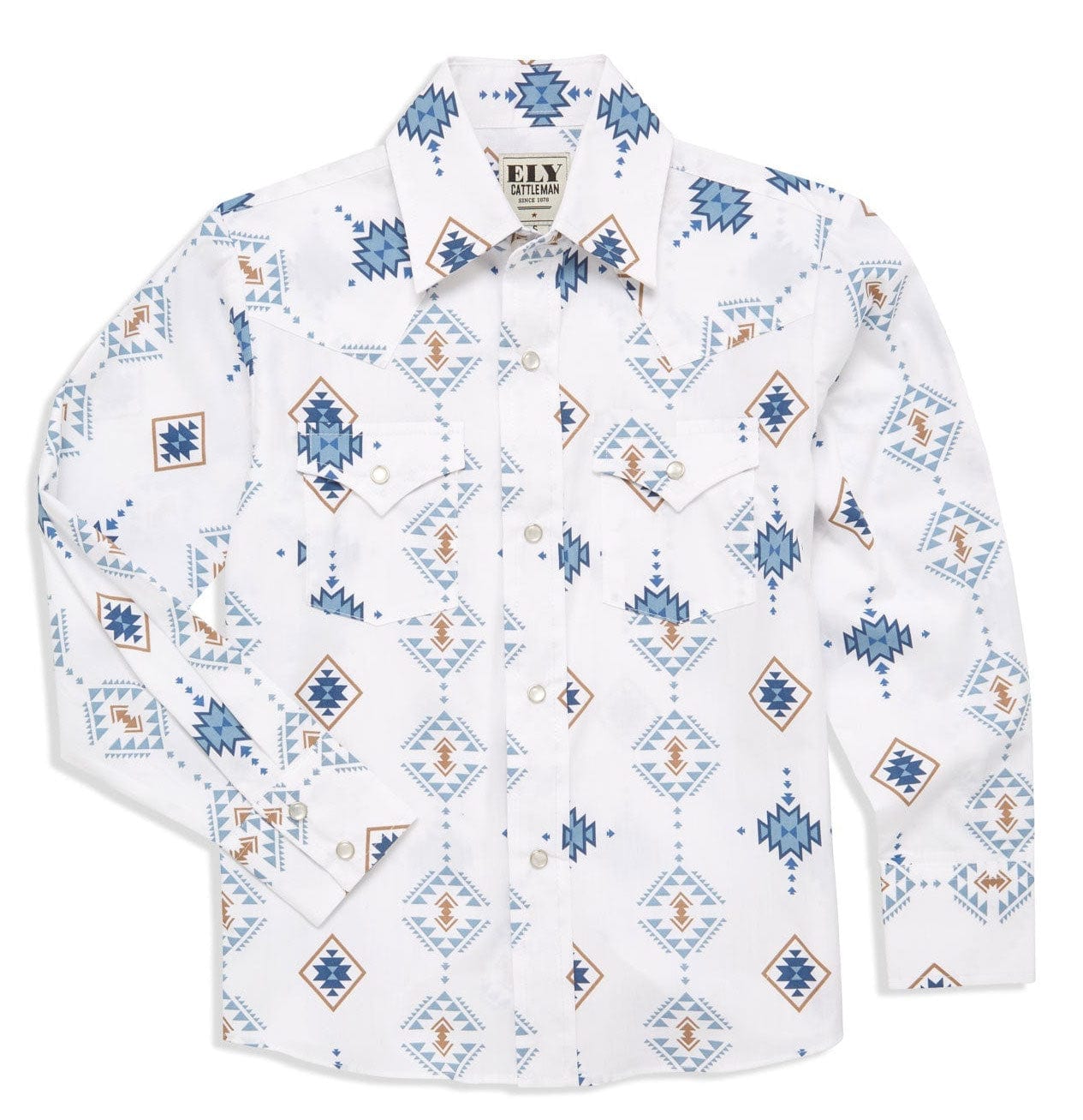 Boy's Ely Cattleman Long Sleeve Textured Southwestern Print Snap Shirt- Indigo & White