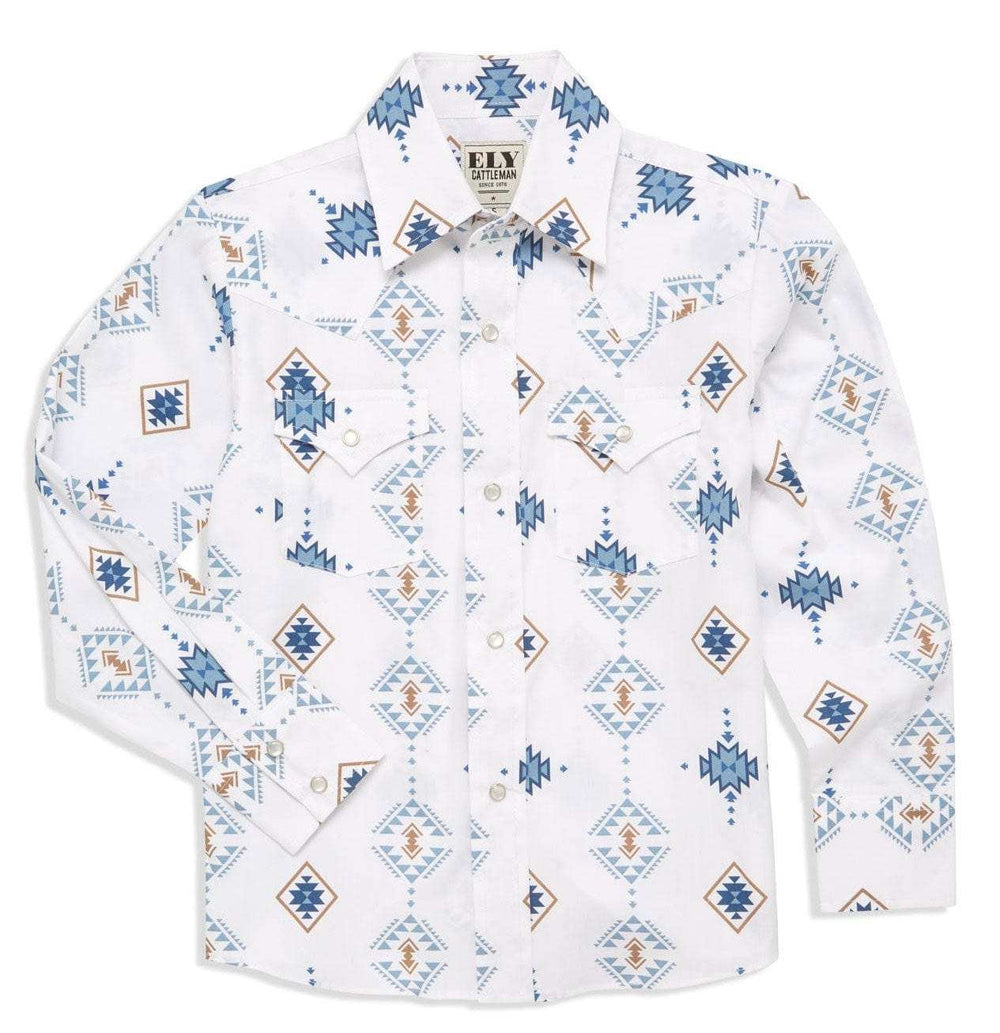 Boy's Ely Cattleman Long Sleeve Textured Southwestern Print Snap Shirt- Indigo & White - Ely Cattleman - Flyclothing LLC