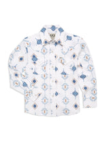 Boy's Ely Cattleman Long Sleeve Textured Southwestern Print Snap Shirt- Indigo & White
