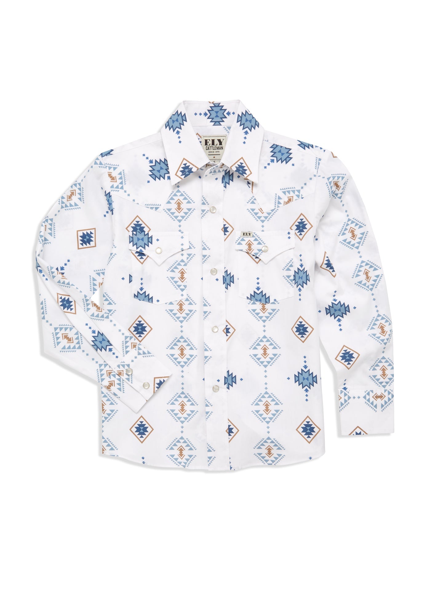 Boy's Ely Cattleman Long Sleeve Textured Southwestern Print Snap Shirt- Indigo & White