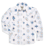 Boy's Ely Cattleman Long Sleeve Textured Southwestern Print Snap Shirt- Indigo & White - Ely Cattleman