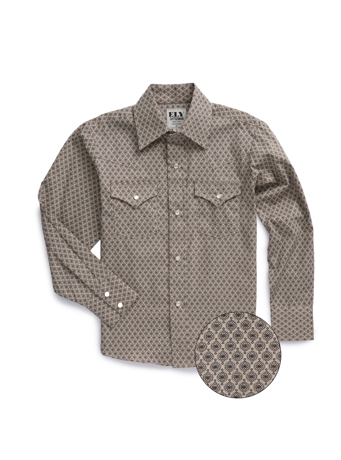 Boy's Ely Cattleman Long Sleeve Medallion Print Western Snap Shirt- Teal & Khaki