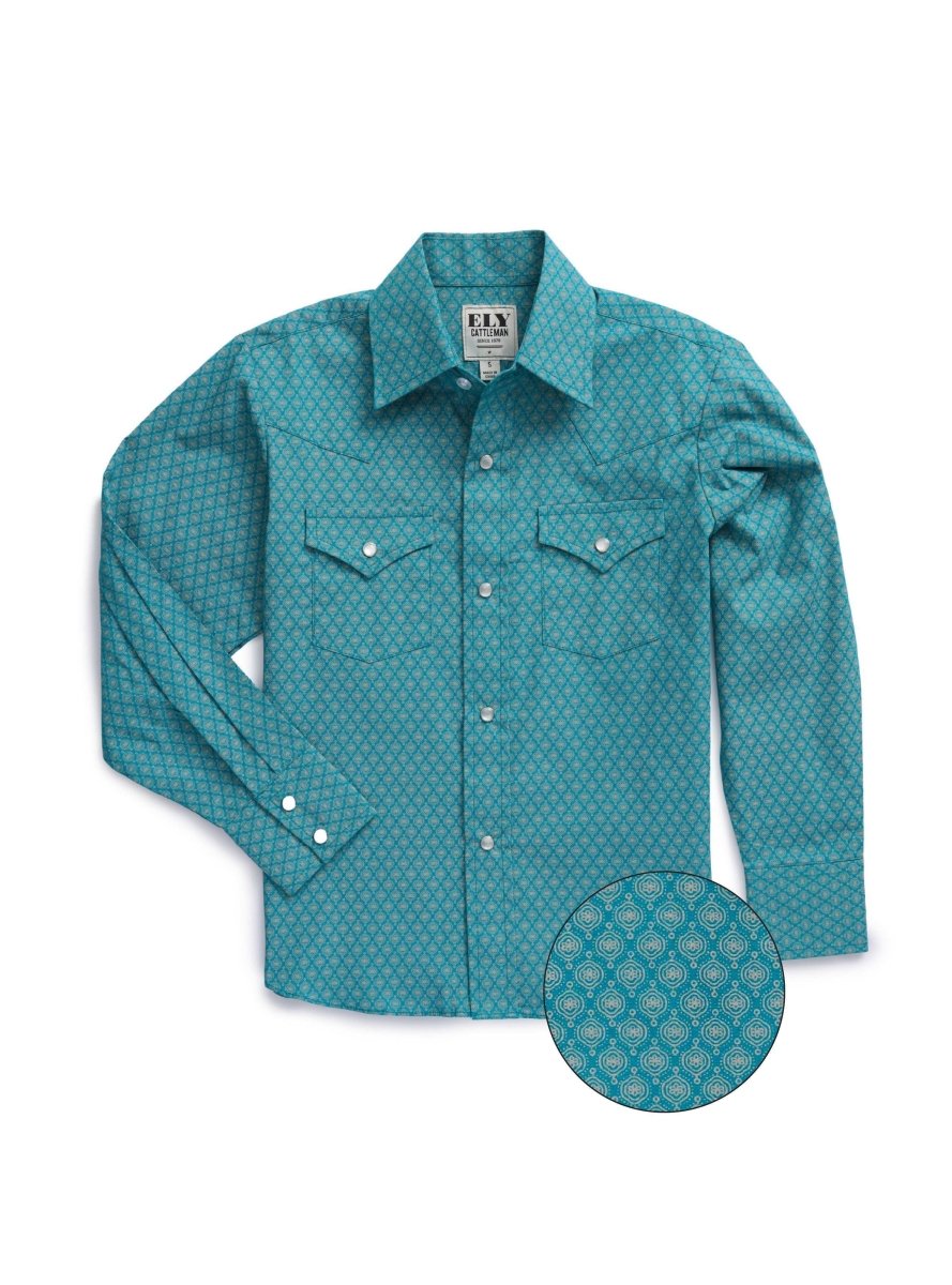 Boy's Ely Cattleman Long Sleeve Medallion Print Western Snap Shirt- Teal & Khaki - Ely Cattleman