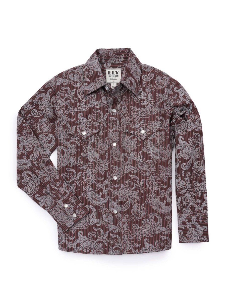 Boy's Ely Cattleman Long Sleeve Paisley Print Snap Shirt- Denim Blue & Burgundy - Ely Cattleman - Flyclothing LLC