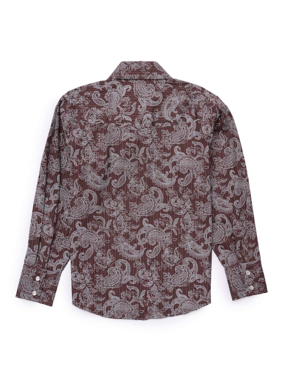 Boy's Ely Cattleman Long Sleeve Paisley Print Snap Shirt- Denim Blue & Burgundy - Ely Cattleman - Flyclothing LLC