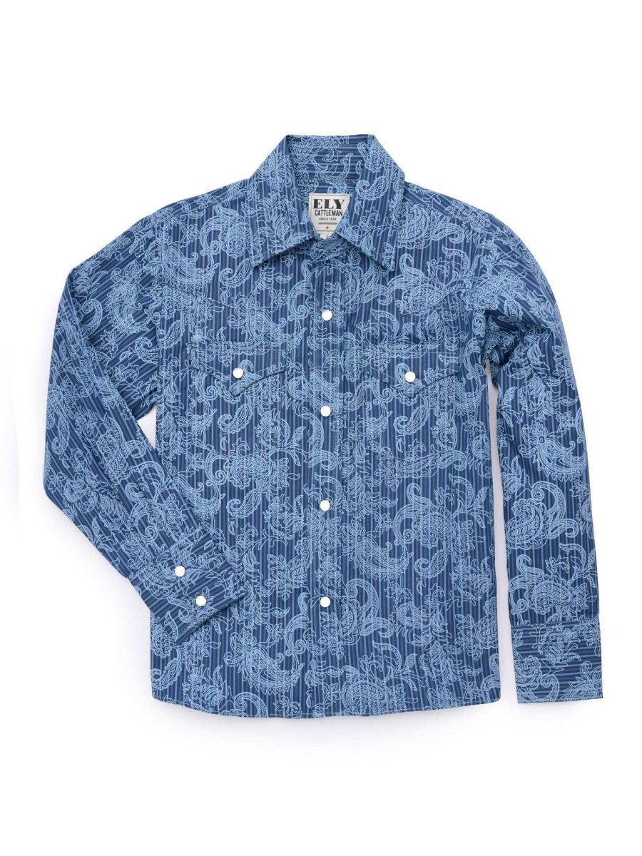 Boy's Ely Cattleman Long Sleeve Paisley Print Snap Shirt- Denim Blue & Burgundy - Ely Cattleman - Flyclothing LLC