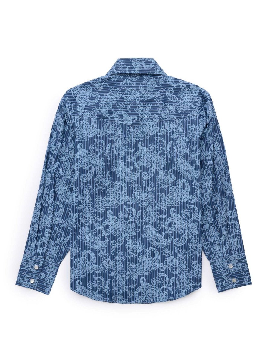 Boy's Ely Cattleman Long Sleeve Paisley Print Snap Shirt- Denim Blue & Burgundy - Ely Cattleman - Flyclothing LLC
