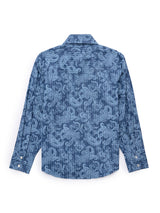 Boy's Ely Cattleman Long Sleeve Paisley Print Snap Shirt- Denim Blue & Burgundy