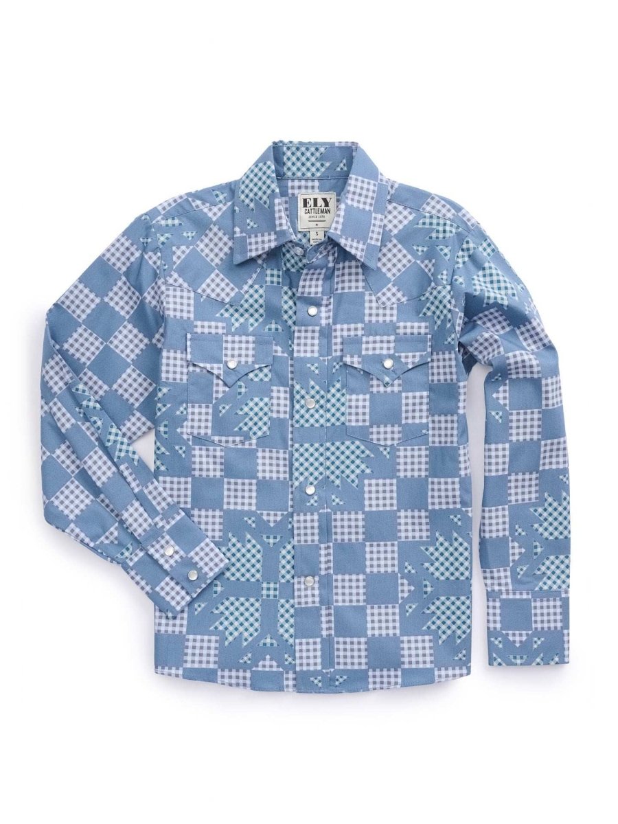 Boy's Ely Cattleman Long Sleeve Checkered Patchwork Print Snap Shirt- Denim Blue - Ely Cattleman