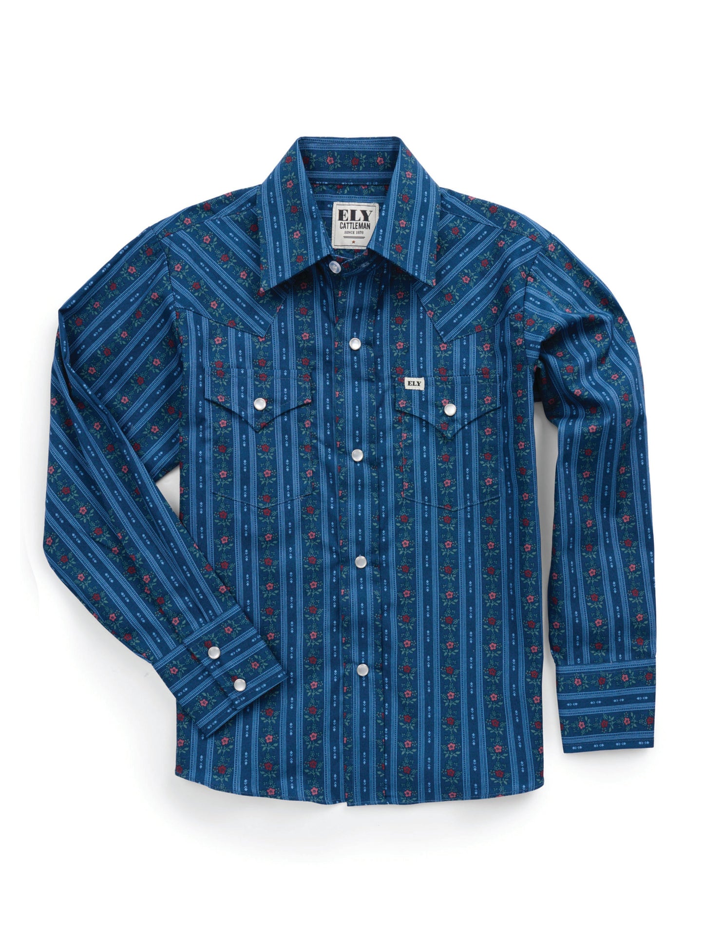 Boy's Ely Cattleman Long Sleeve Wallpaper Floral Print Snap Shirt- Navy