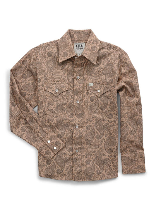 Boy's Ely Cattleman Long Sleeve Paisley Print Snap Shirt- Khaki - Ely Cattleman - Flyclothing LLC