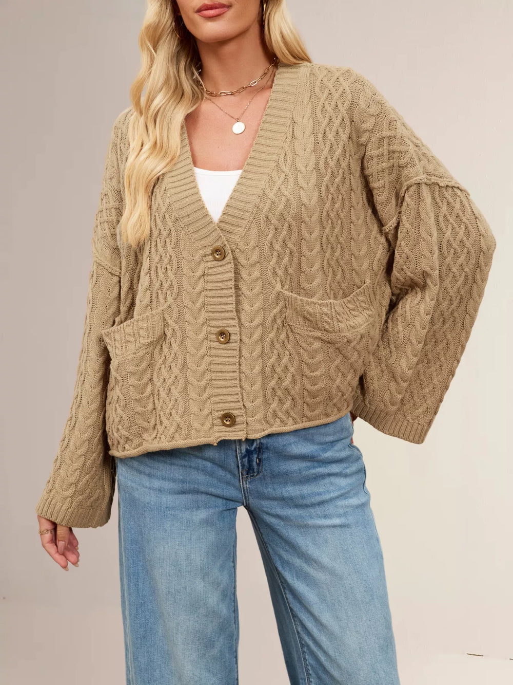 Cable Knit Button-Down Cardigan - Trendsi - Flyclothing LLC