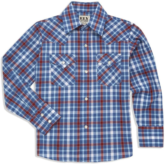 Boy's Ely Cattleman Long Sleeve Heritage Plaid Western Snap Shirt- Blue & White - Ely Cattleman