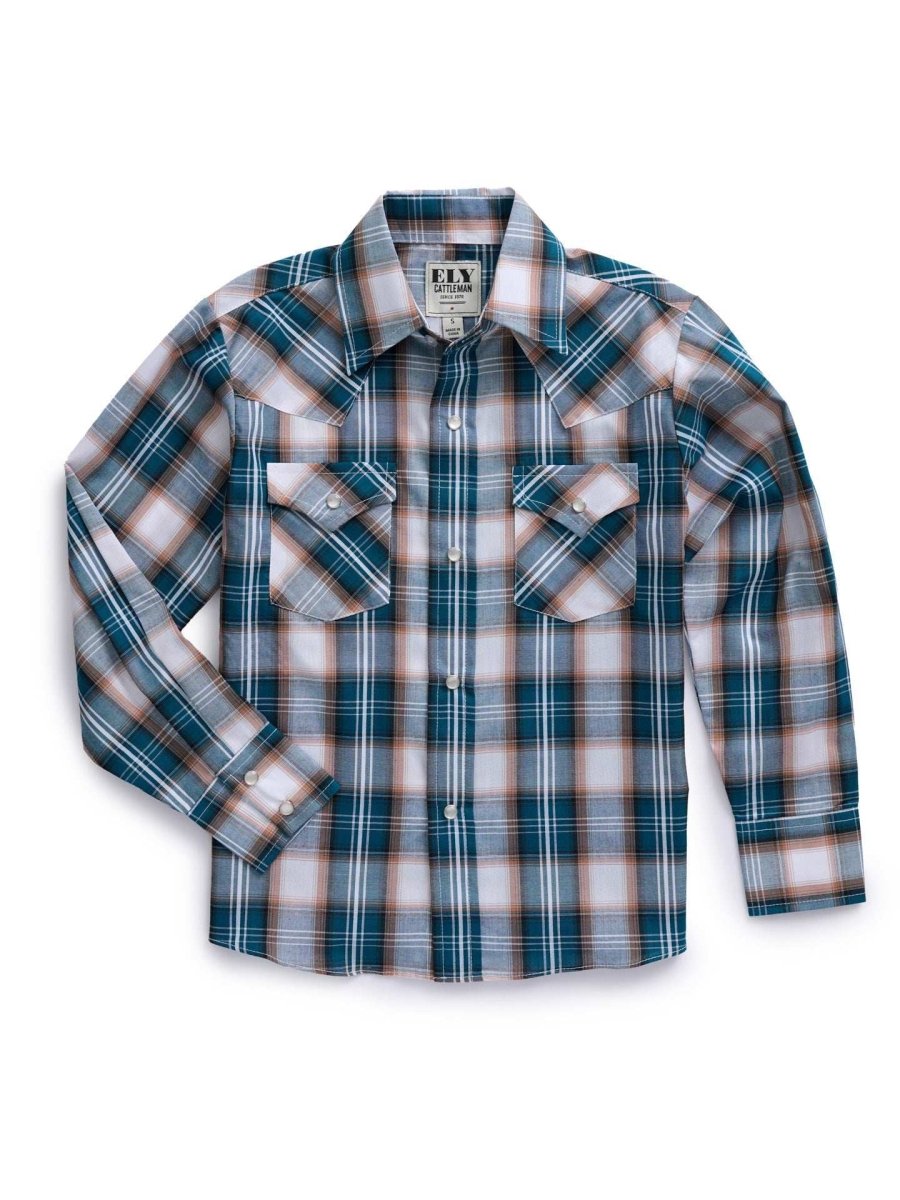Boy's Ely Cattleman Long Sleeve Textured Plaid Western Snap Shirt- Teal & Khaki - Ely Cattleman