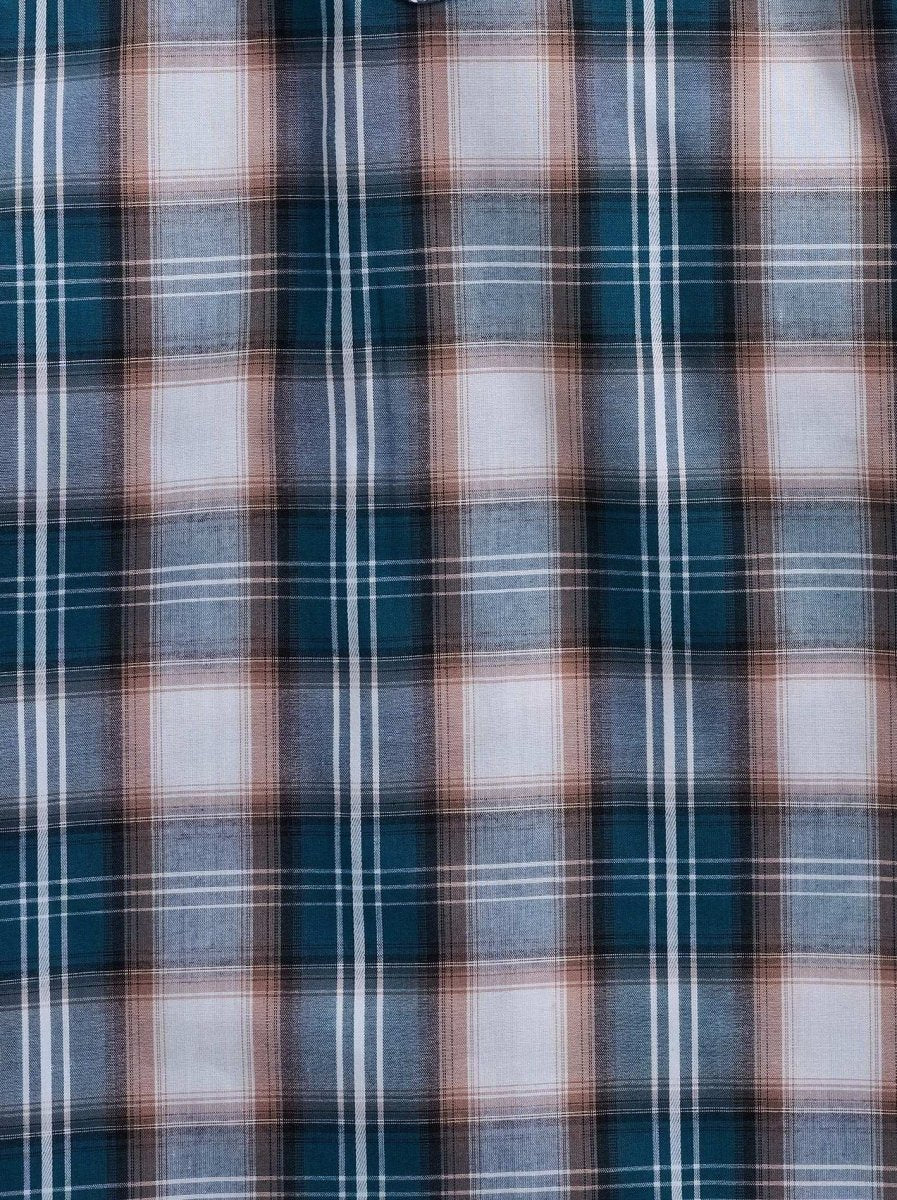 Boy's Ely Cattleman Long Sleeve Textured Plaid Western Snap Shirt- Teal & Khaki - Ely Cattleman - Flyclothing LLC