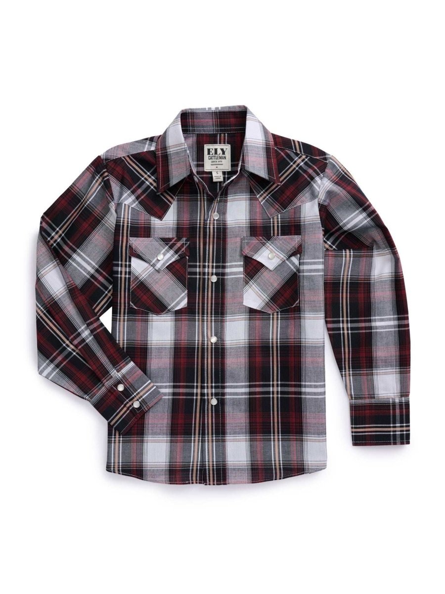Boy's Ely Cattleman Long Sleeve Textured Plaid Western Snap Shirt- Blue & Burgundy - Ely Cattleman - Flyclothing LLC