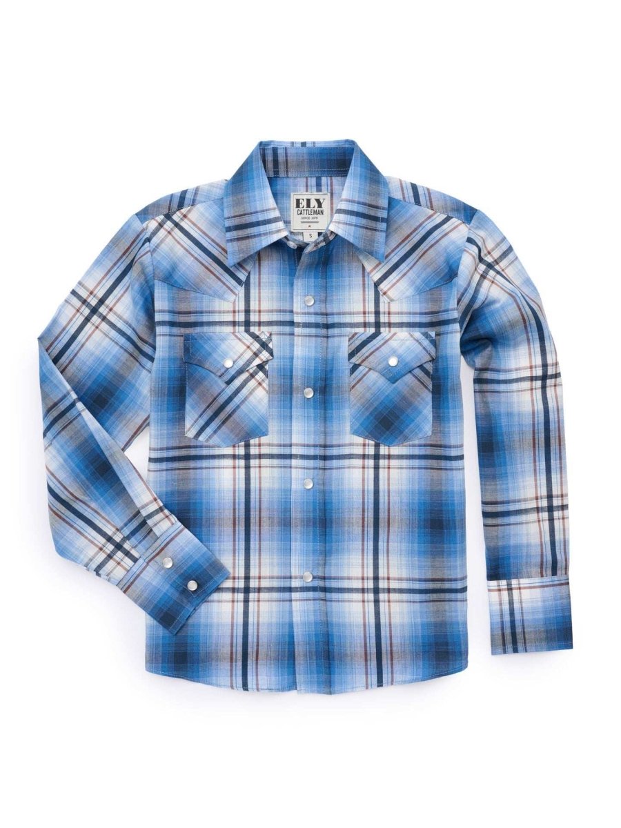 Boy's Ely Cattleman Long Sleeve Textured Plaid Western Snap Shirt- Rust & Navy - Ely Cattleman - Flyclothing LLC