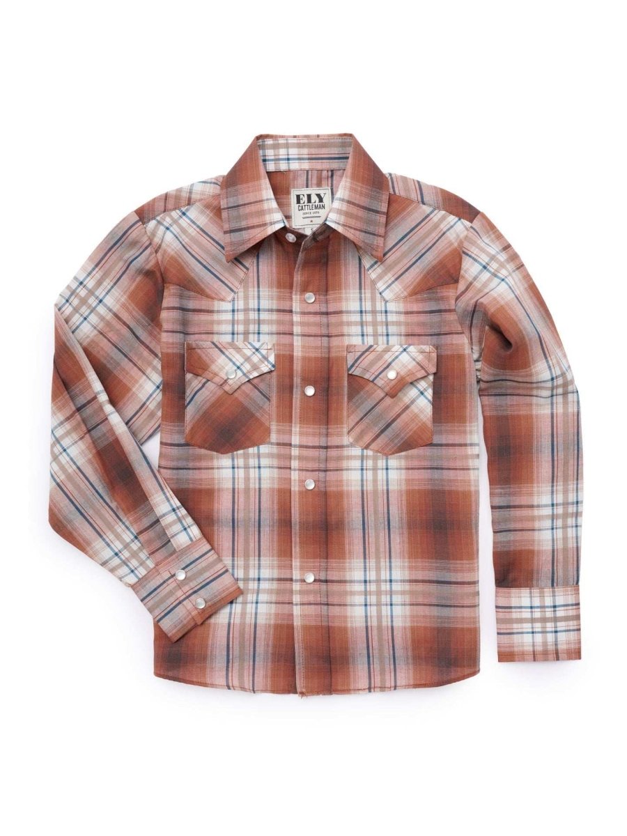 Boy's Ely Cattleman Long Sleeve Textured Plaid Western Snap Shirt- Rust & Navy - Ely Cattleman