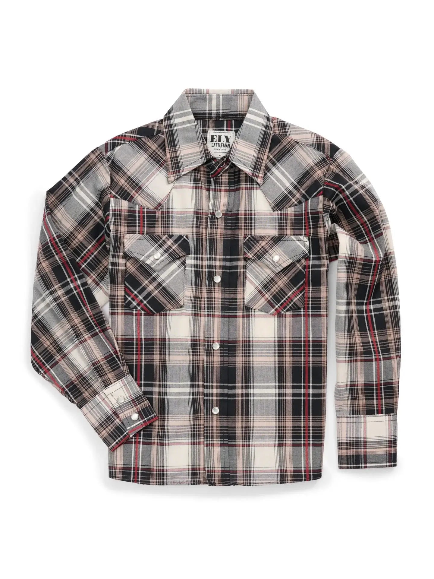 Boy's Ely Cattleman Long Sleeve Textured Khaki Plaid Western Snap Shirt - Ely Cattleman - Flyclothing LLC
