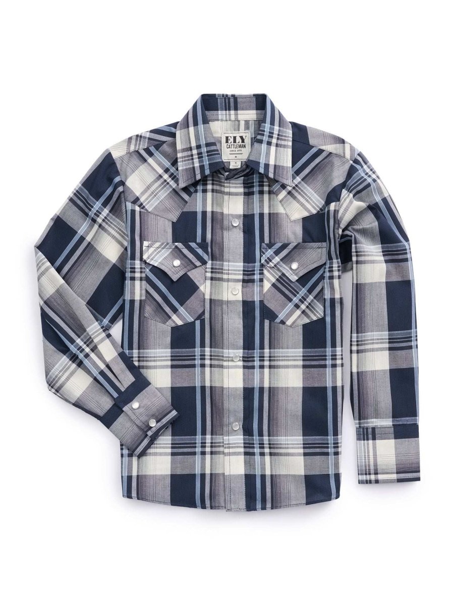 Boy's Ely Cattleman Long Sleeve Textured Plaid Western Snap Shirt- Navy & Rust - Ely Cattleman