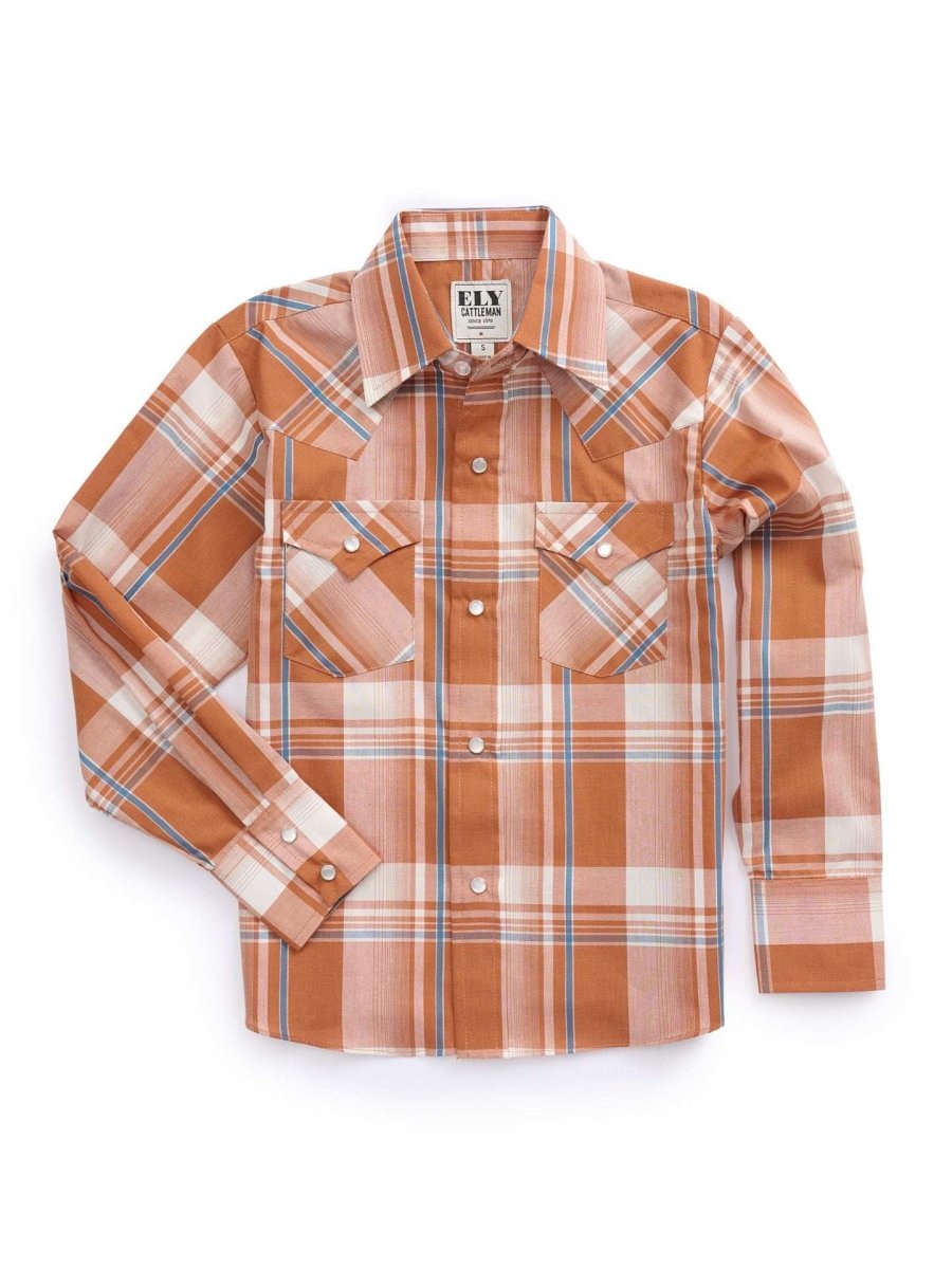 Boy's Ely Cattleman Long Sleeve Textured Plaid Western Snap Shirt- Navy & Rust - Ely Cattleman - Flyclothing LLC
