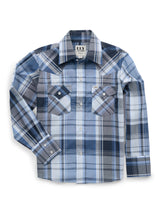 Boy's Ely Cattleman Long Sleeve Textured Plaid Western Snap Shirt- Blue