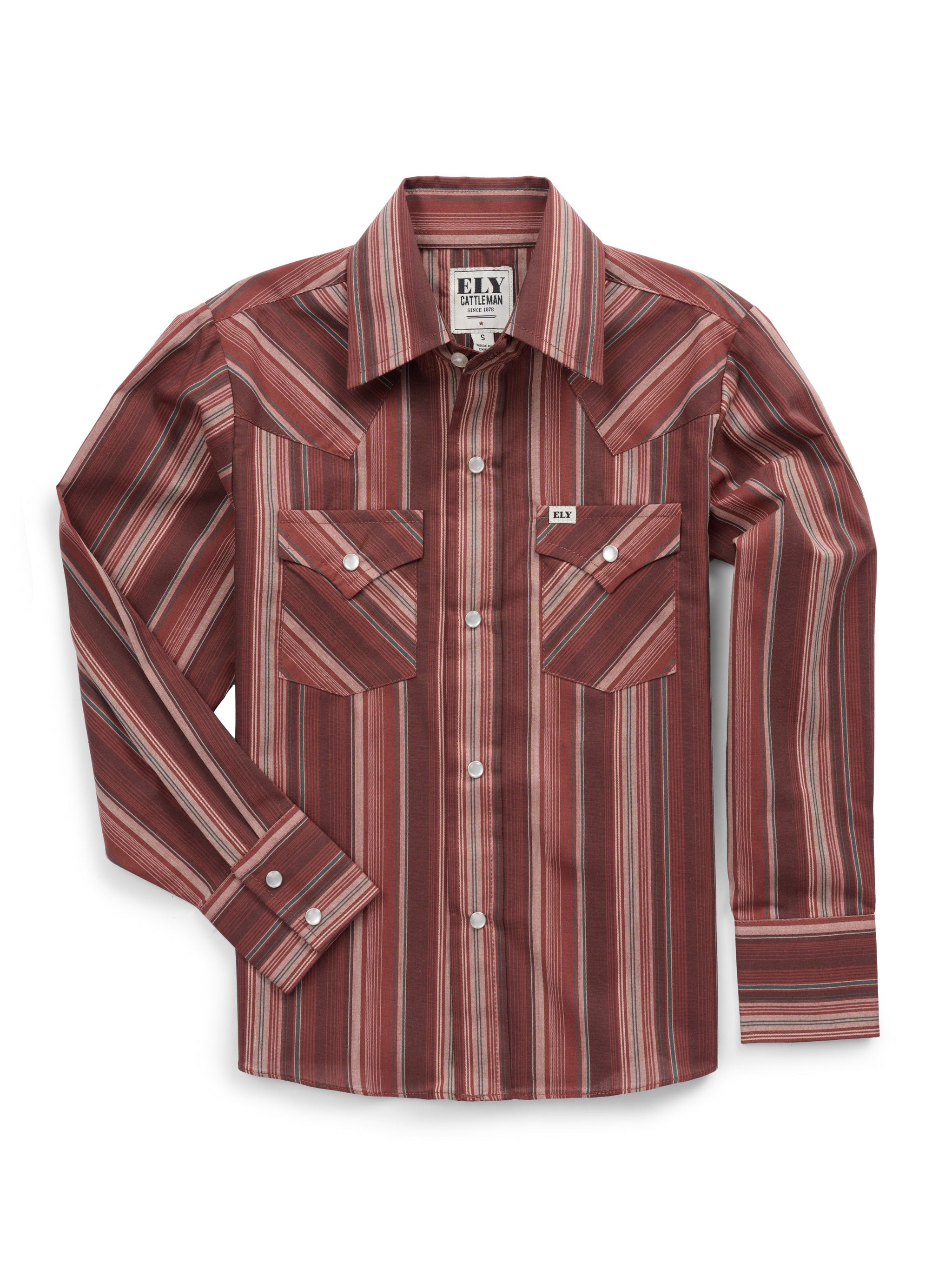 Boy's Ely Cattleman Long Sleeve Textured Stripe Western Snap Shirt- Burgundy