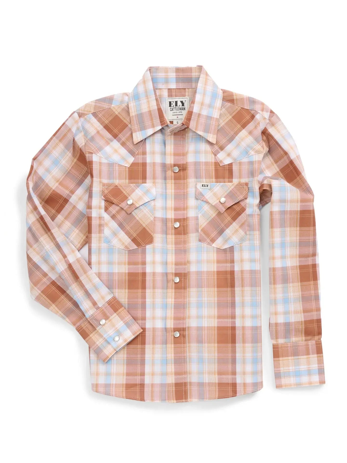 Boy's Ely Cattleman Long Sleeve Textured Plaid Western Snap Shirt- Gold - Ely Cattleman - Flyclothing LLC