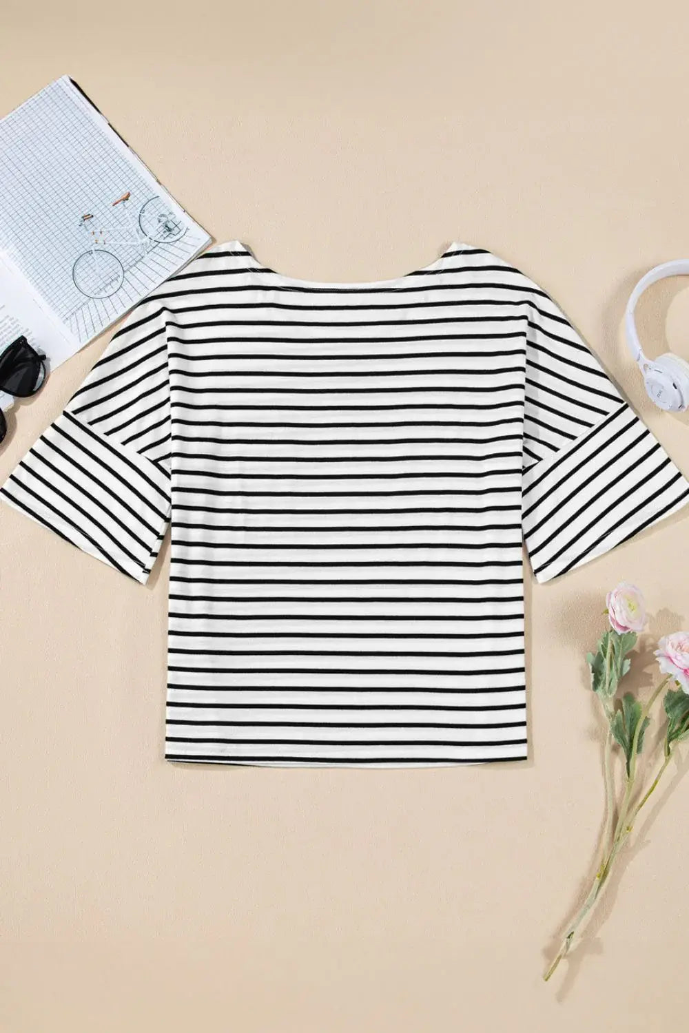 Stripe Half Sleeve Scoop Neck Top - Trendsi - Flyclothing LLC