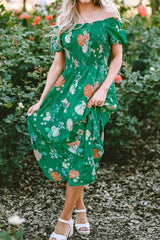 Floral Print Bubble Sleeve Smocked Tiered Midi Dress - Trendsi - Flyclothing LLC