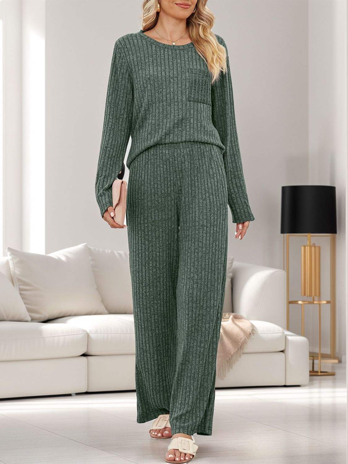 Round Neck Long Sleeve Top and Pants Set - Trendsi - Flyclothing LLC