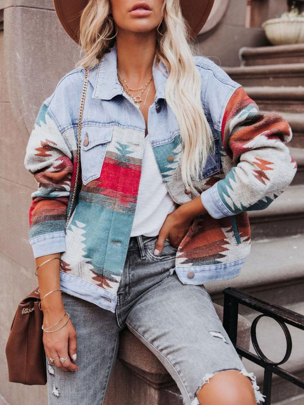 Geometric Button Up Long Sleeve Denim Jacket - Trendsi