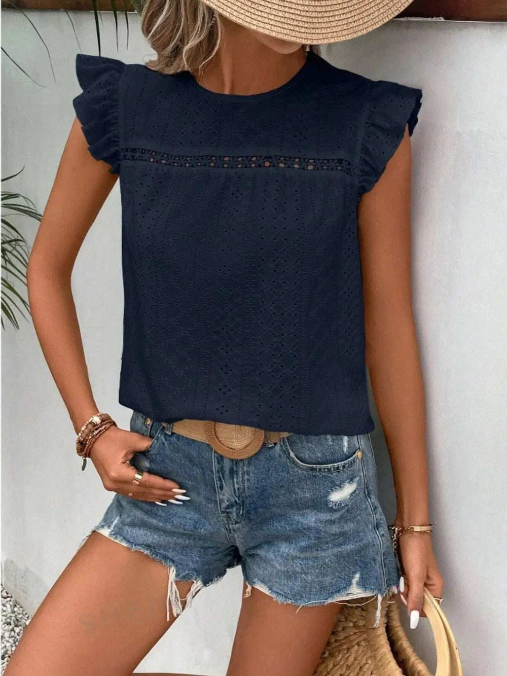 Eyelet Round Neck Cap Sleeve Top - Trendsi - Flyclothing LLC