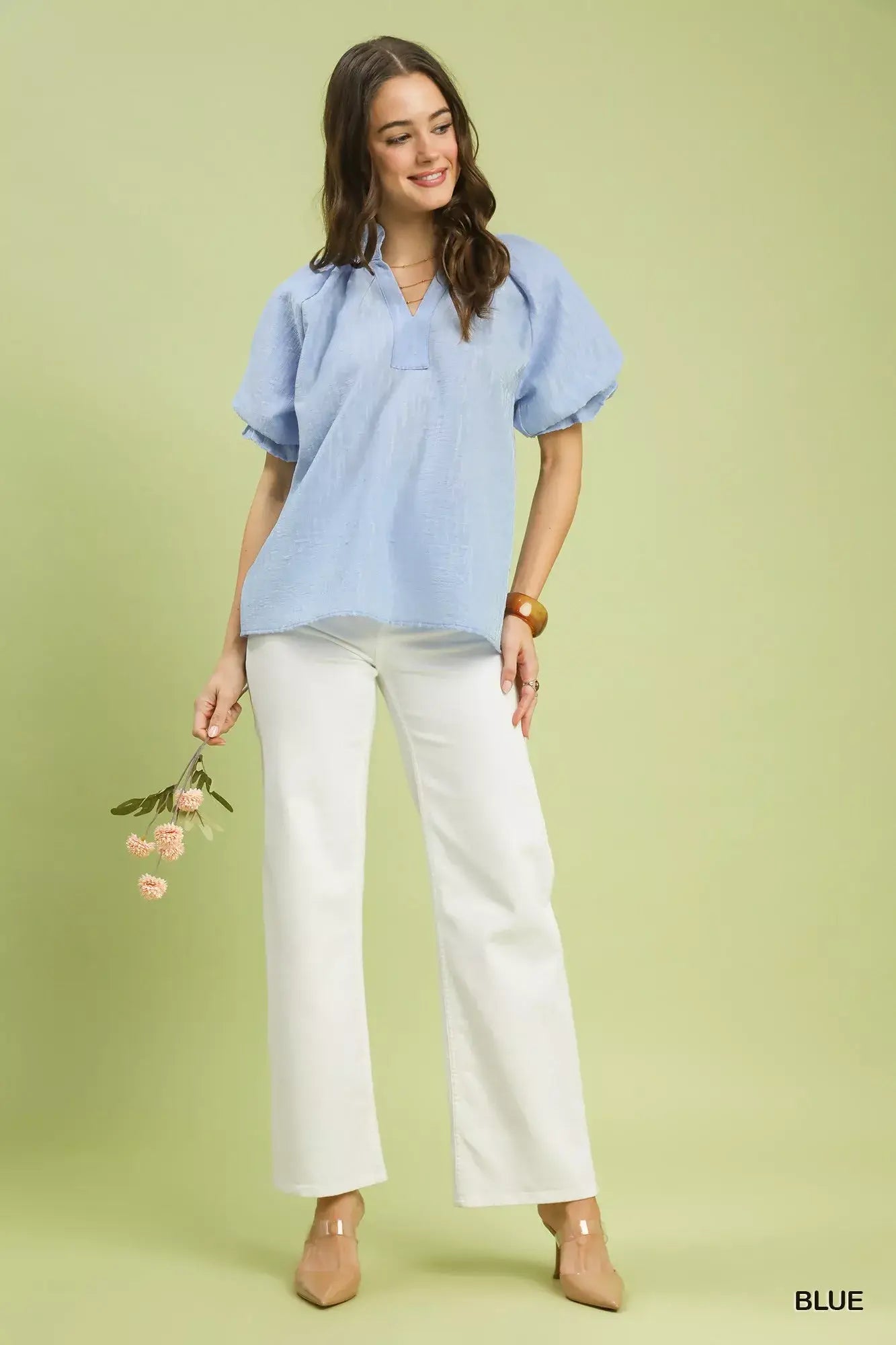 Umgee Textured Puff Sleeve Split Neck Top - Trendsi - Flyclothing LLC