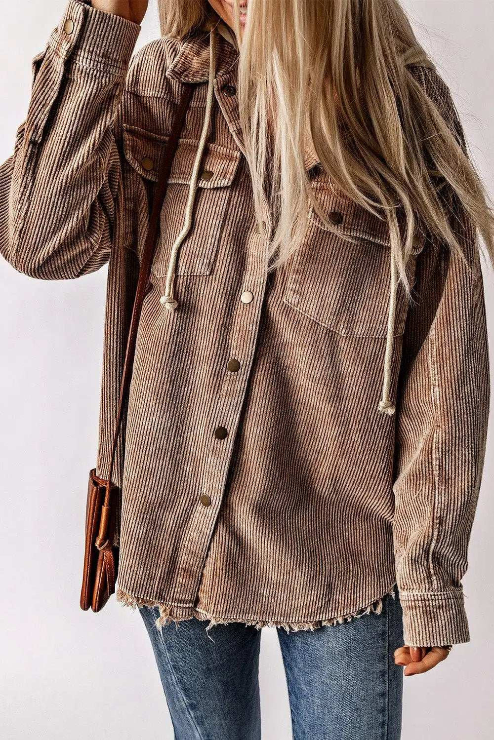Snap Front Hooded Corduroy Shacket - Trendsi - Flyclothing LLC