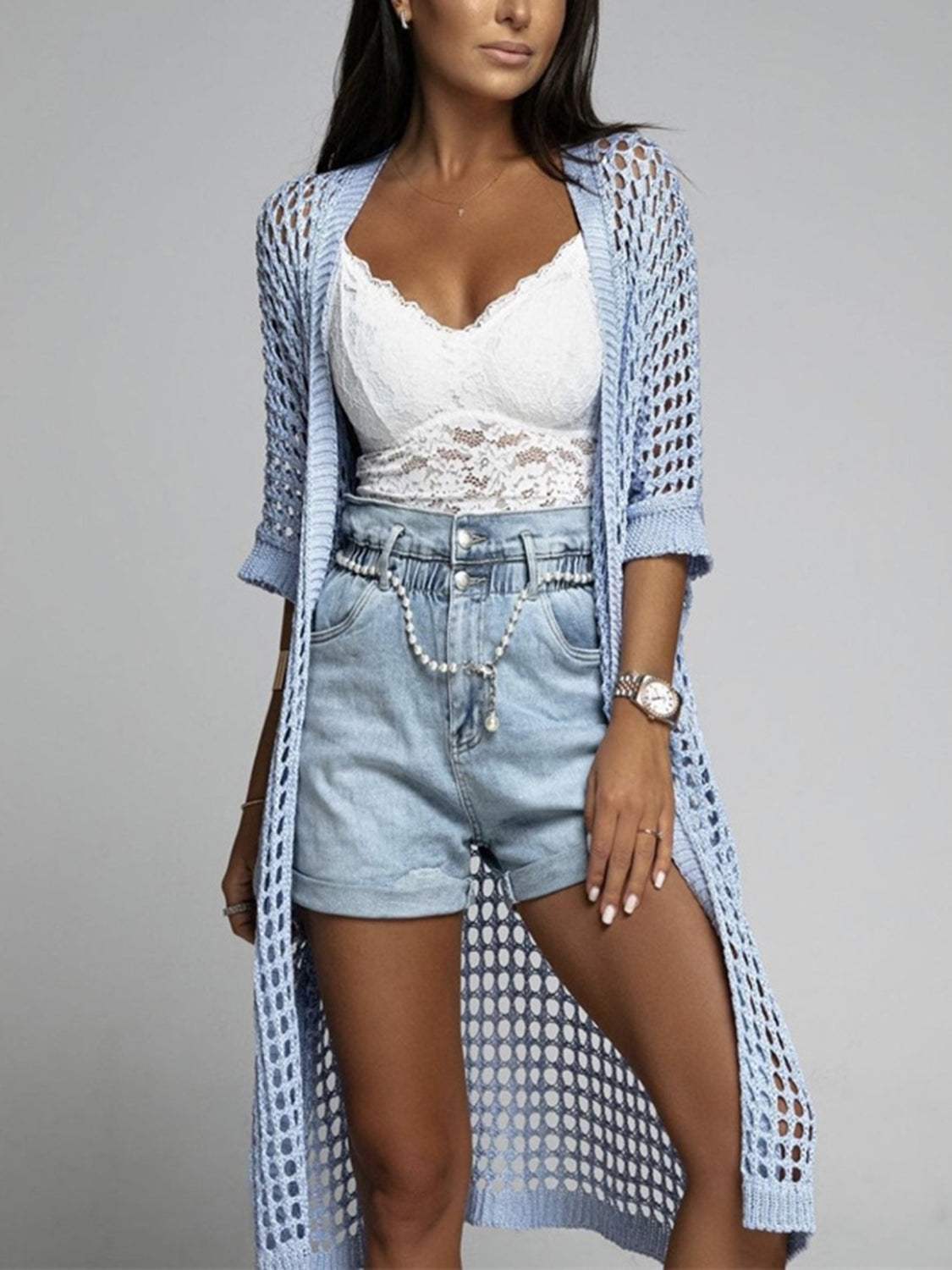 Openwork Open Front Three-Quarter Sleeve Cover Up - Trendsi - Flyclothing LLC