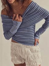 Striped Off-Shoulder Long Sleeve Knit Top - Trendsi - Flyclothing LLC