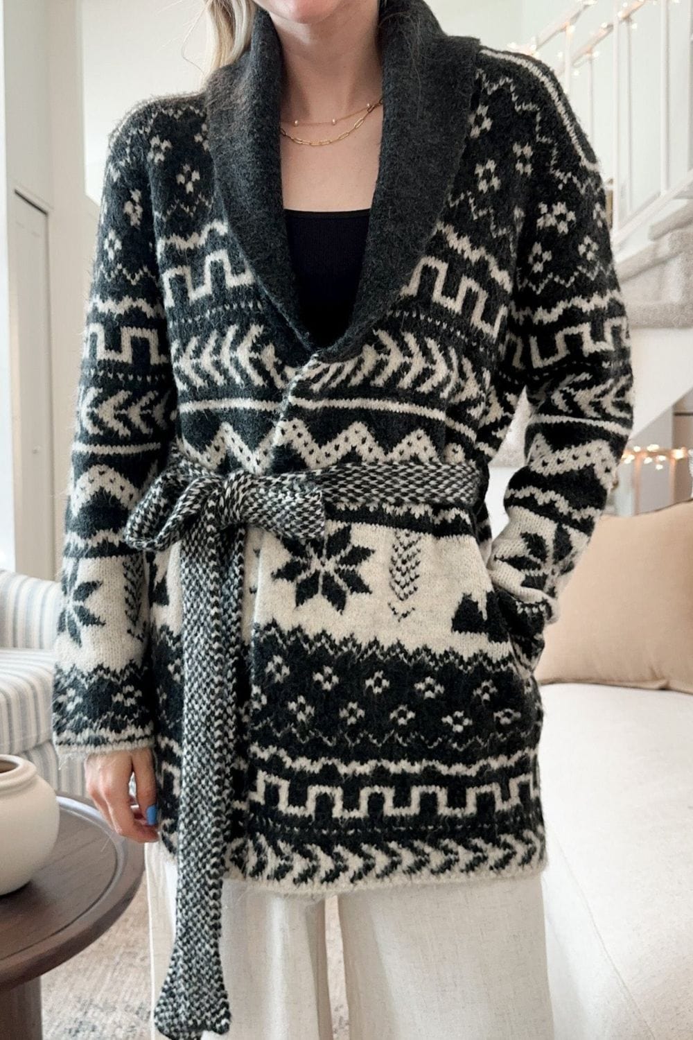 Snowflakes Collared Neck Long Sleeve Cardigan - Trendsi