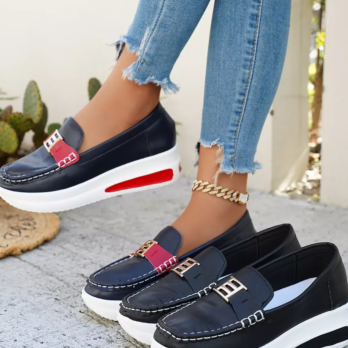 Metal Buckle Round Toe Slip-Ons - Trendsi - Flyclothing LLC
