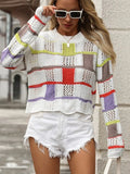 Openwork Color Block Round Neck Sweater - Trendsi