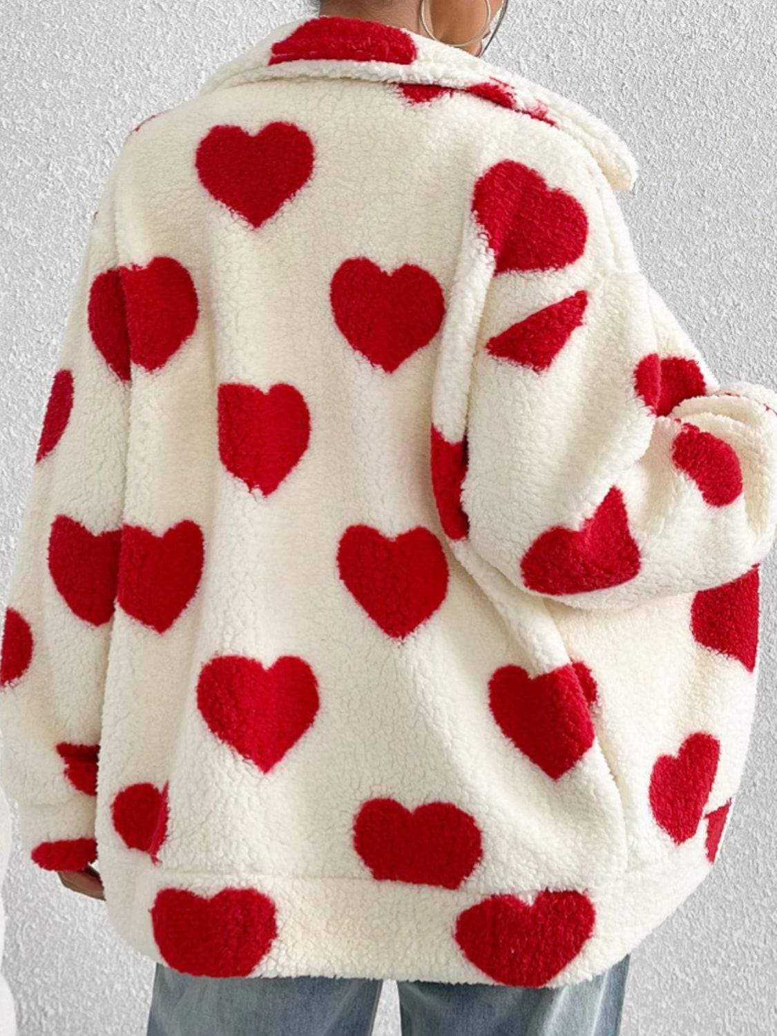 Heart Zip Up Drop Shoulder Furry Jacket - Trendsi - Flyclothing LLC