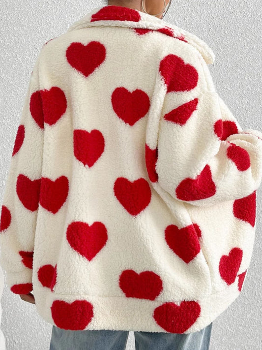 Heart Zip Up Drop Shoulder Furry Jacket - Trendsi