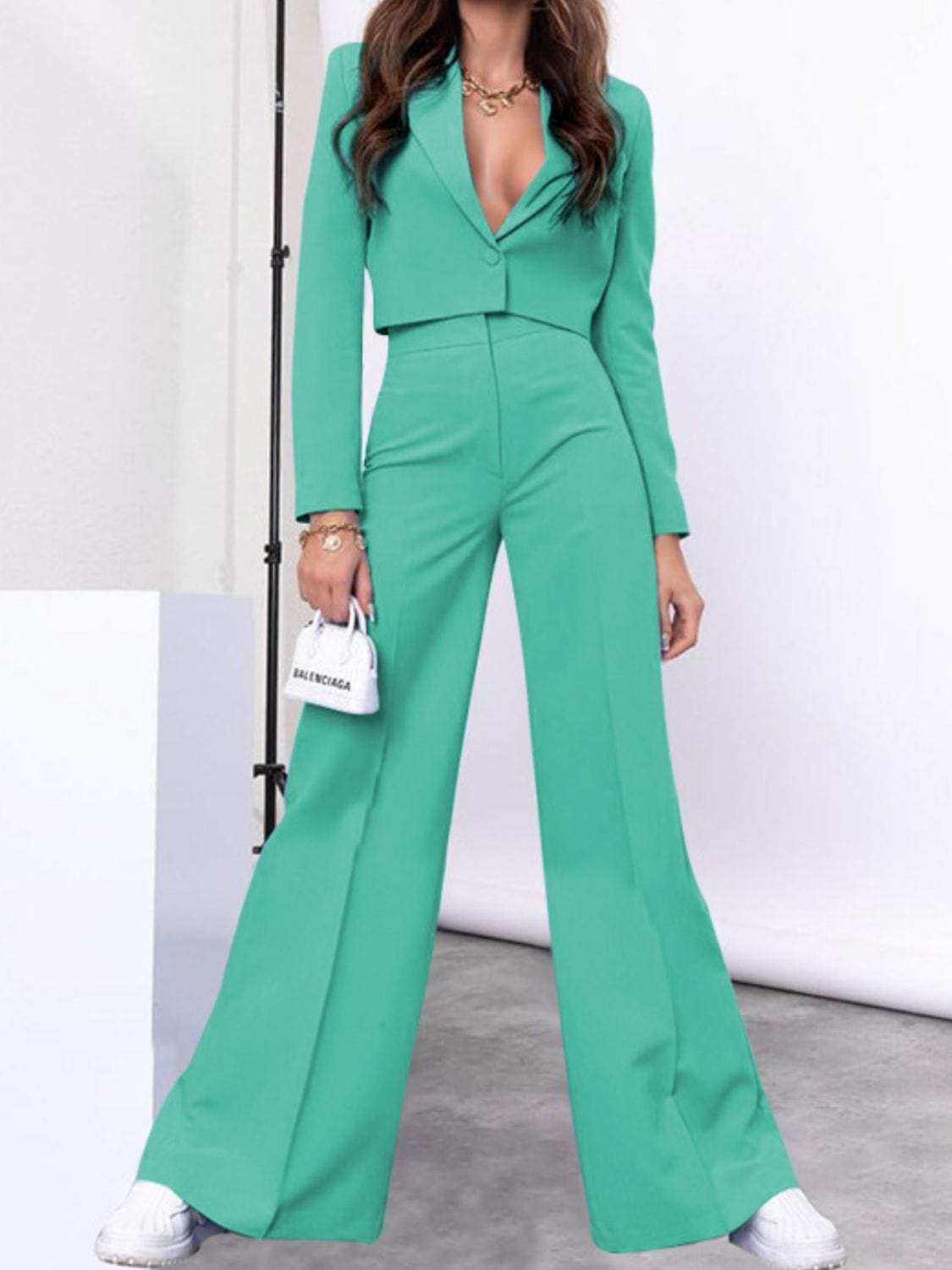 Lapel Collar Cropped Top and Wide Leg Pants Set - Trendsi - Flyclothing LLC