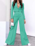 Lapel Collar Cropped Top and Wide Leg Pants Set - Trendsi - Flyclothing LLC