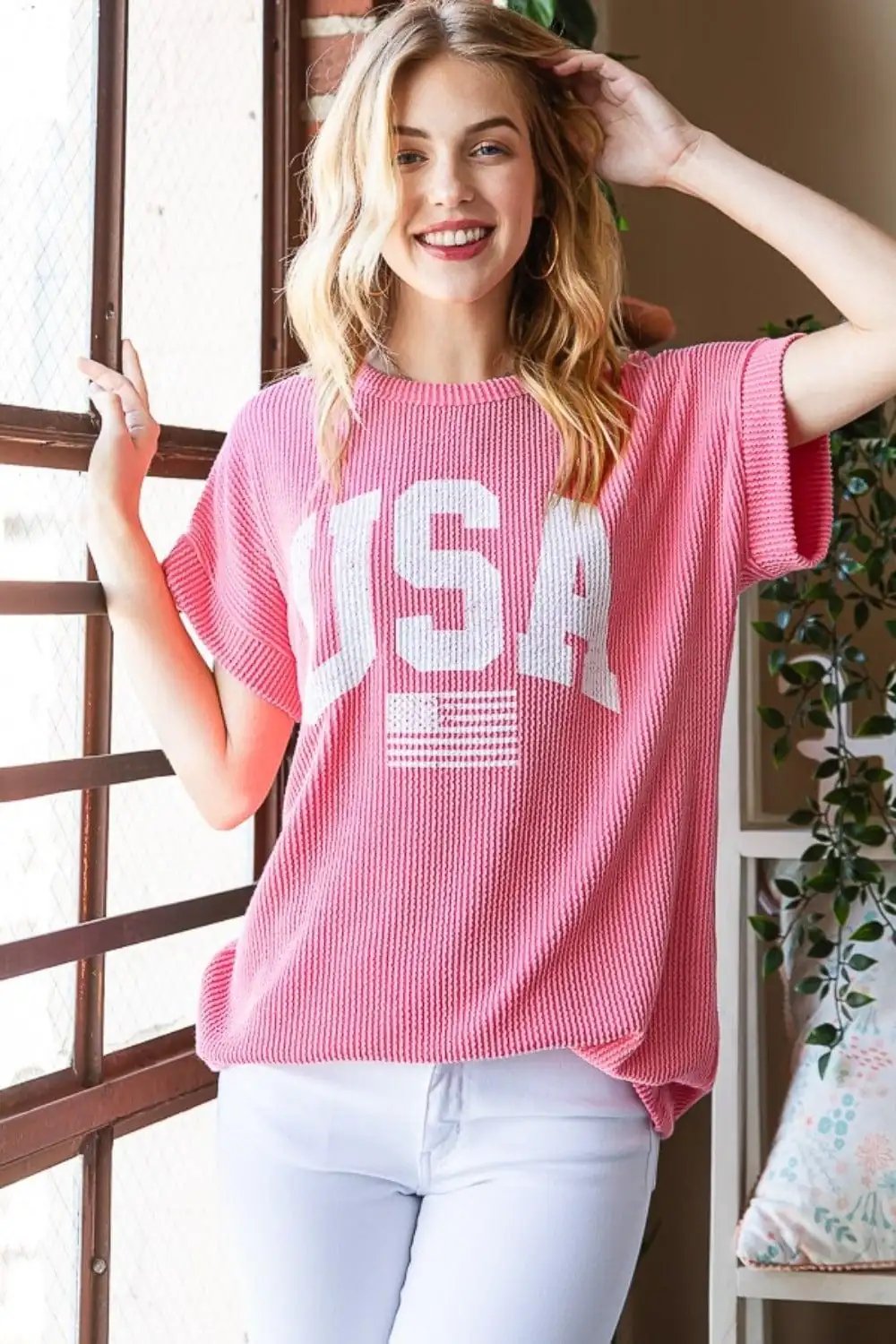 Heimish Full Size USA Graphic Short Sleeve Ribbed Top - Trendsi
