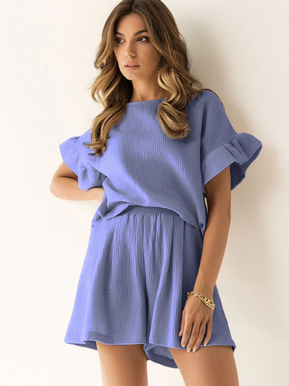 Ruffled Round Neck Top and Shorts Set - Trendsi
