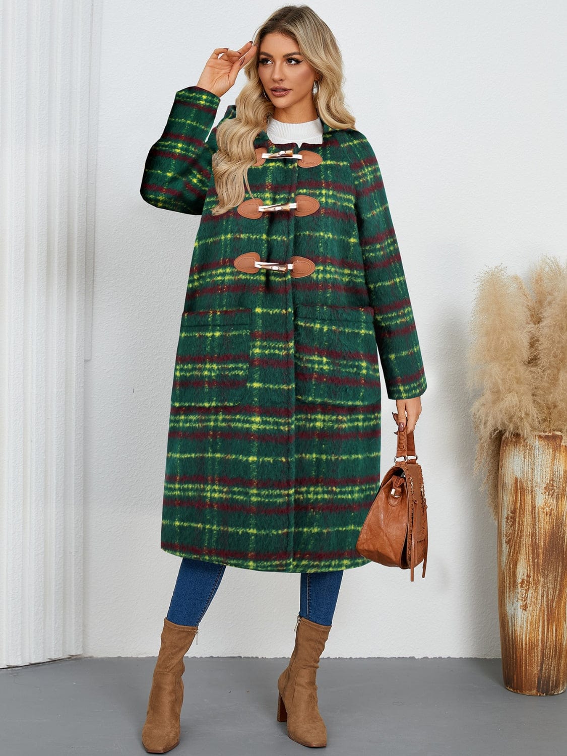 Plaid Long Sleeve Hooded Coat with Pockets - Trendsi