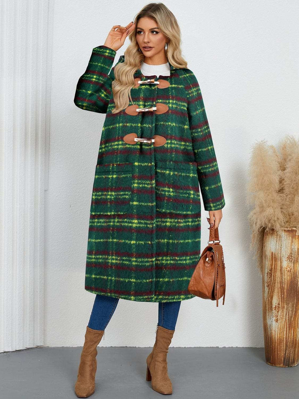 Plaid Long Sleeve Hooded Coat with Pockets - Trendsi - Flyclothing LLC