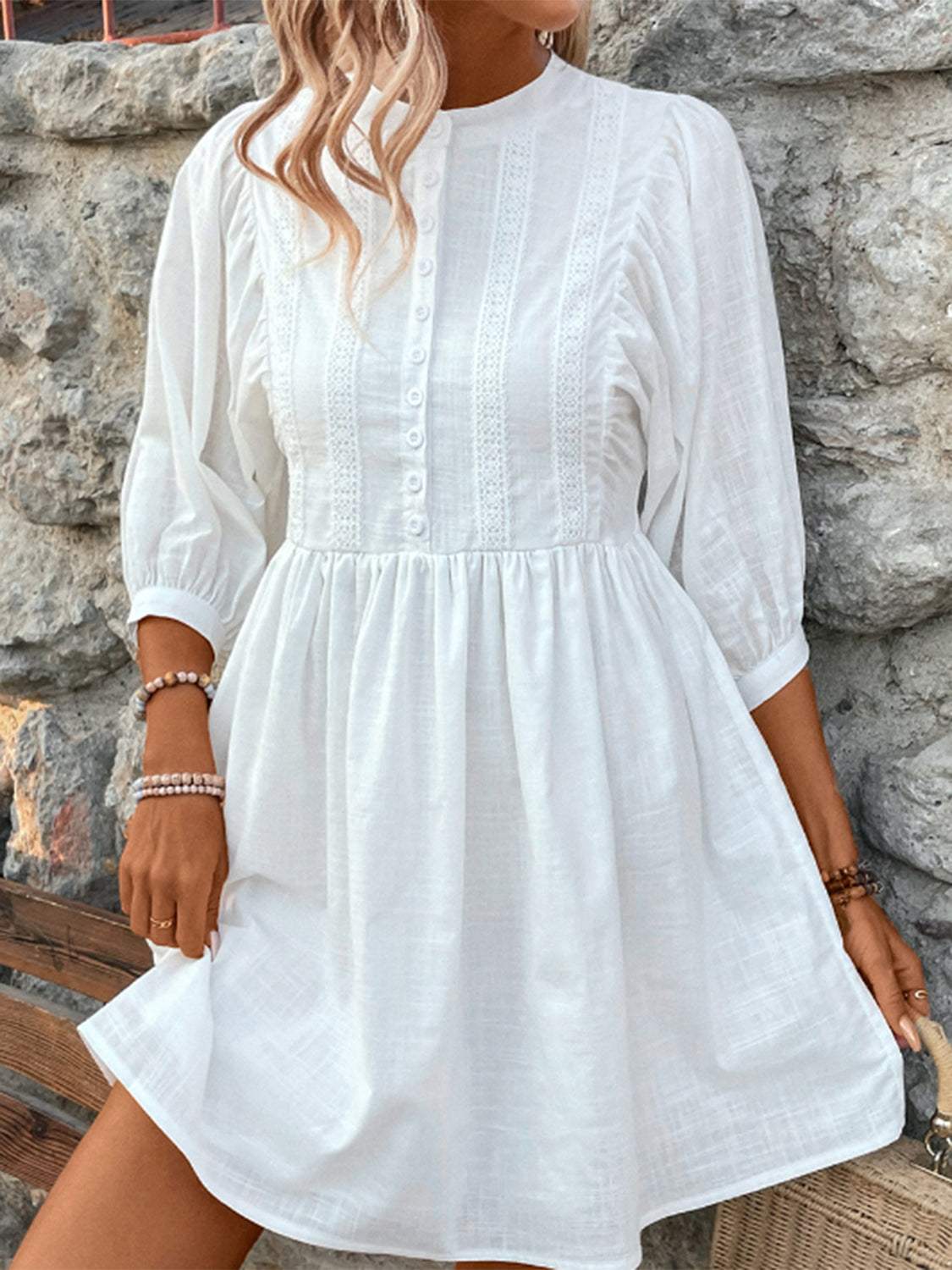 Lace Detail Half Button Three-Quarter Sleeve Dress - Trendsi - Flyclothing LLC