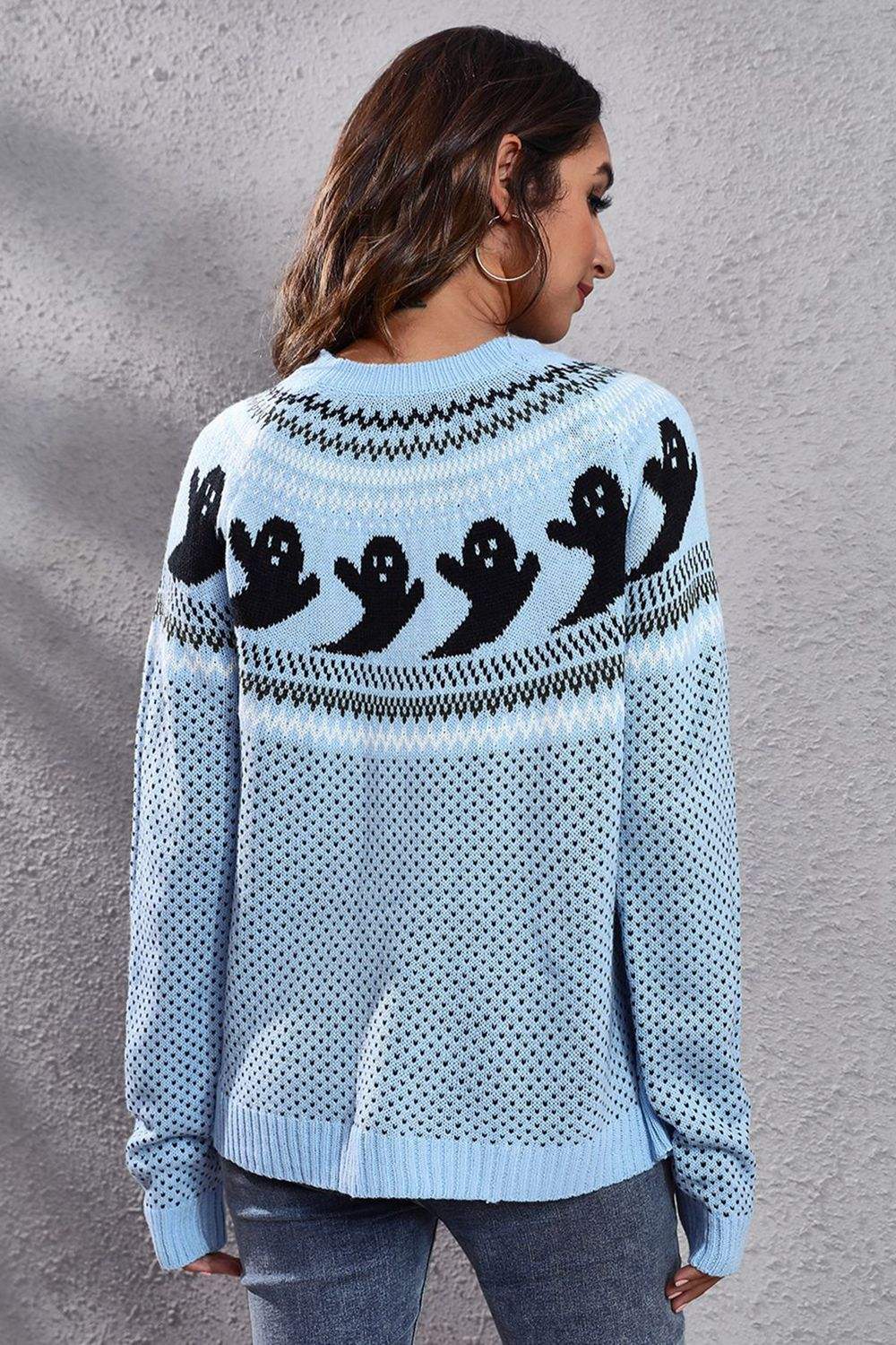 Ghost Pattern Round Neck Long Sleeve Sweater - Trendsi - Flyclothing LLC